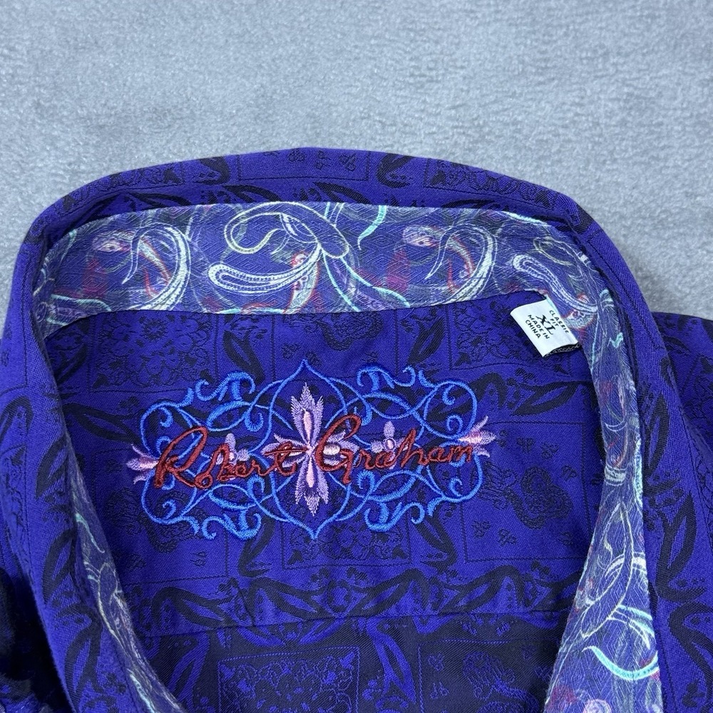 Robert Graham Shirt Mens XL Classic Fit Geometric Violet Contrast Cuffs Designer - Picture 3 of 11